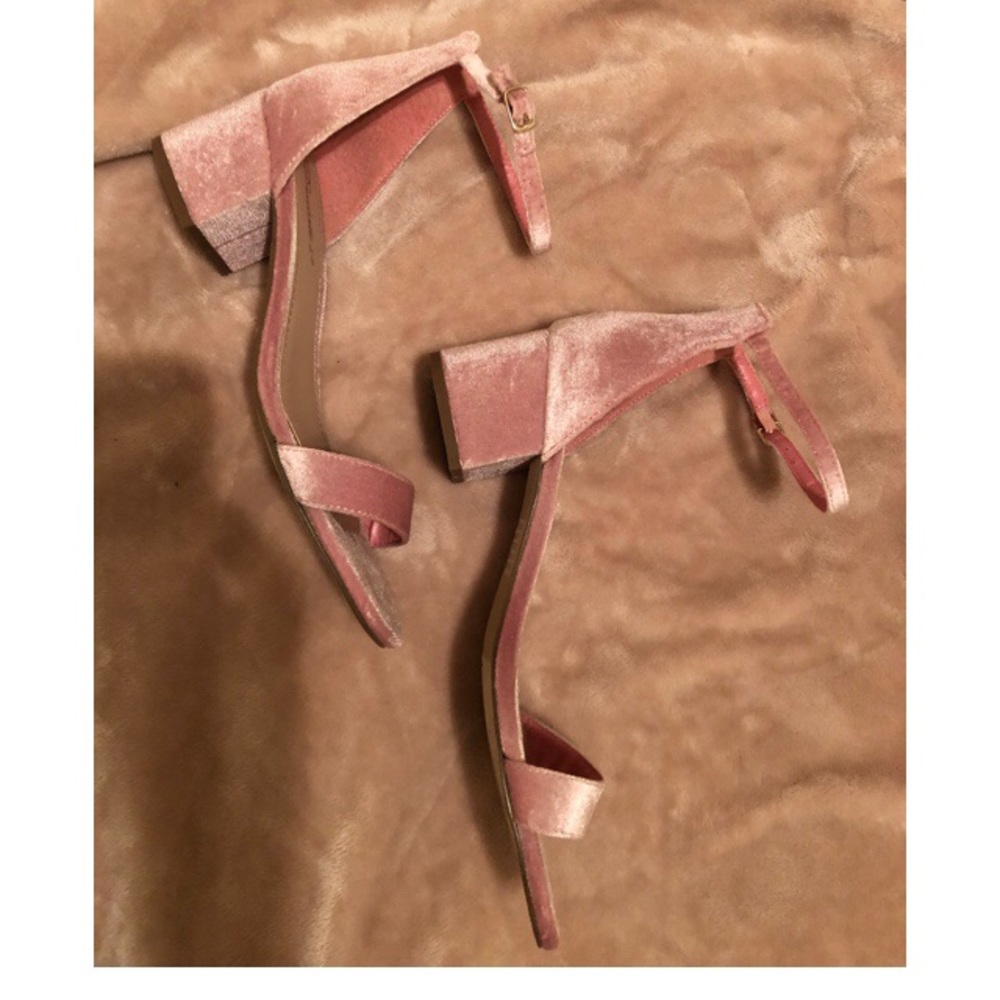 Velvet pink strap block heels